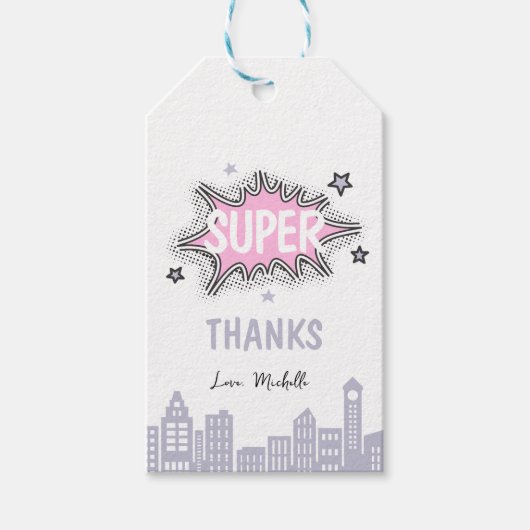 Roze striphelden verjaardag cadeaulabel (Voorkant)