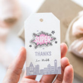 Roze striphelden verjaardag cadeaulabel