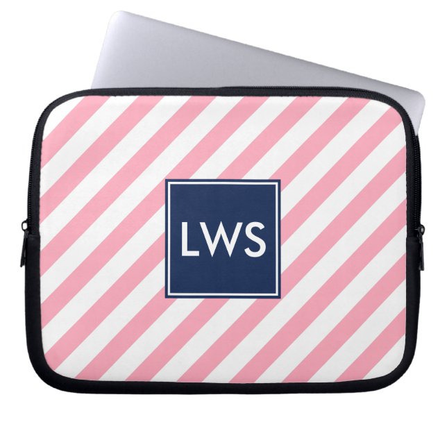 Roze strips en blauw monogram laptop sleeve (Voorkant)