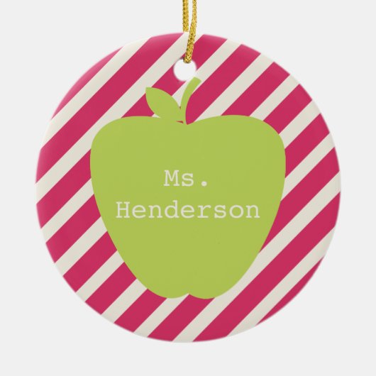 Roze strips en groene Apple-leraar Keramisch Ornament (Voorkant)