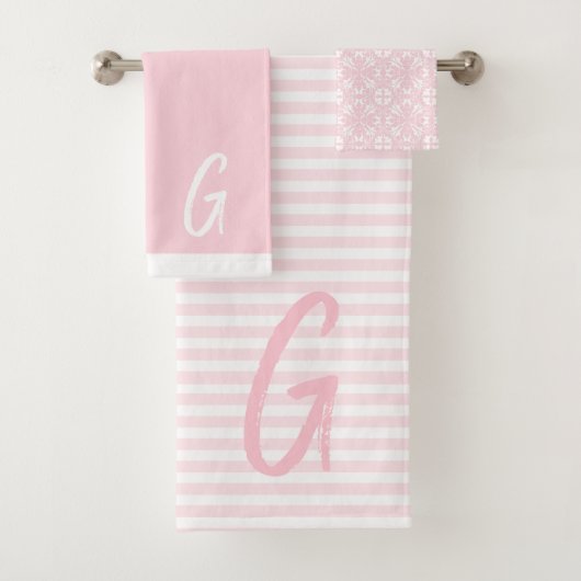 Roze strips en monogram handdoekset bad handdoek (Insitu)