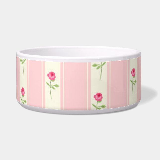 Roze strips en roze bloemen Dog Food Bowl Voerbakje (Voorkant)