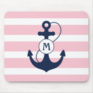 Roze strips met een Nautical Anchor en een Monogra Muismat