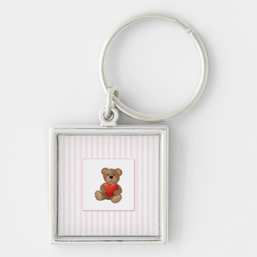 Roze strips - Teddy Bear met Valentijnse Hart Sleutelhanger (Voorkant)