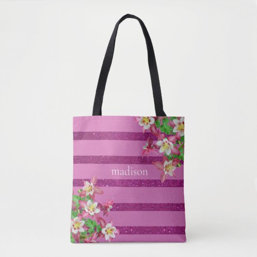 Roze stroken en bloemen, op maat gesneden tote bag (Voorkant)