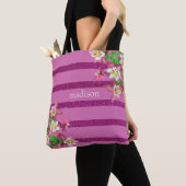Roze stroken en bloemen, op maat gesneden tote bag (Dichtbij)