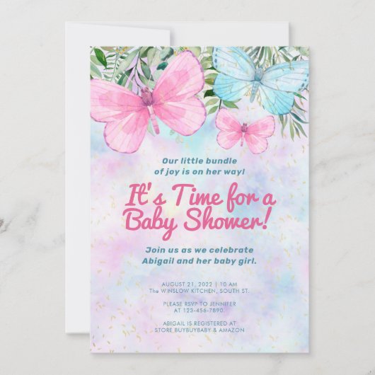 Roze Strooidecor Vlindermeisje Baby Shower Kaart (Voorkant)