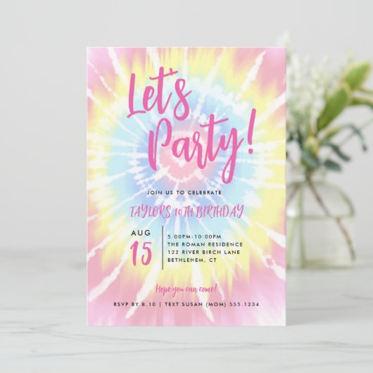 Roze stropdas verf, laten we feesten elke leeftijd kaart (Staand voorkant)