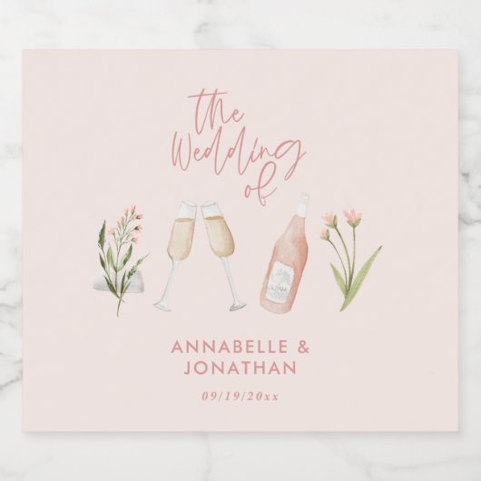 Roze, subtiele, mooie moderne bloem sparkling wijnetiket (Enkel label)