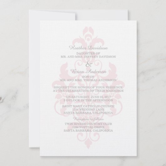 Roze subtle Damask Wedding Invite Kaart (Voorkant)