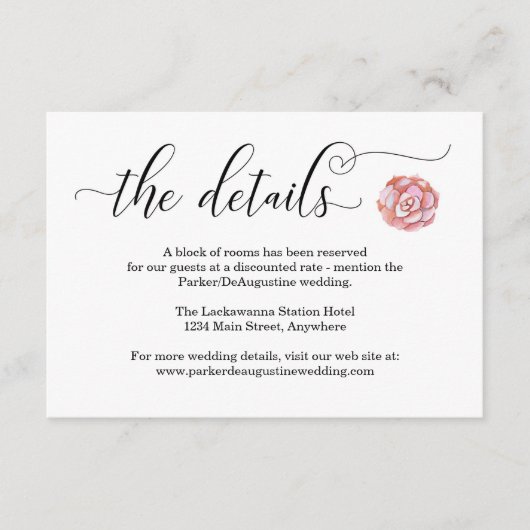 Roze Succulent Information Enclosure Card Informatiekaartje (Voorkant)