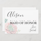 Roze Succulent Maid of Honor proposal card Kaart (Voorkant / Achterkant)