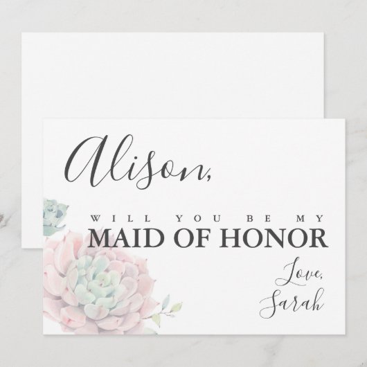 Roze Succulent Maid of Honor proposal card Kaart (Voorkant / Achterkant)