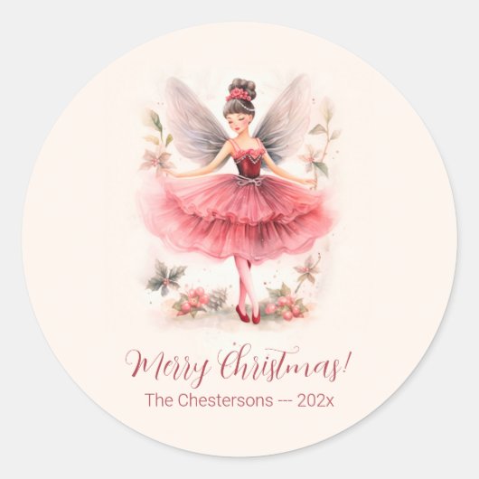 Roze Sugar Plum Fairy Vintage Kerst Stickers (Voorkant)