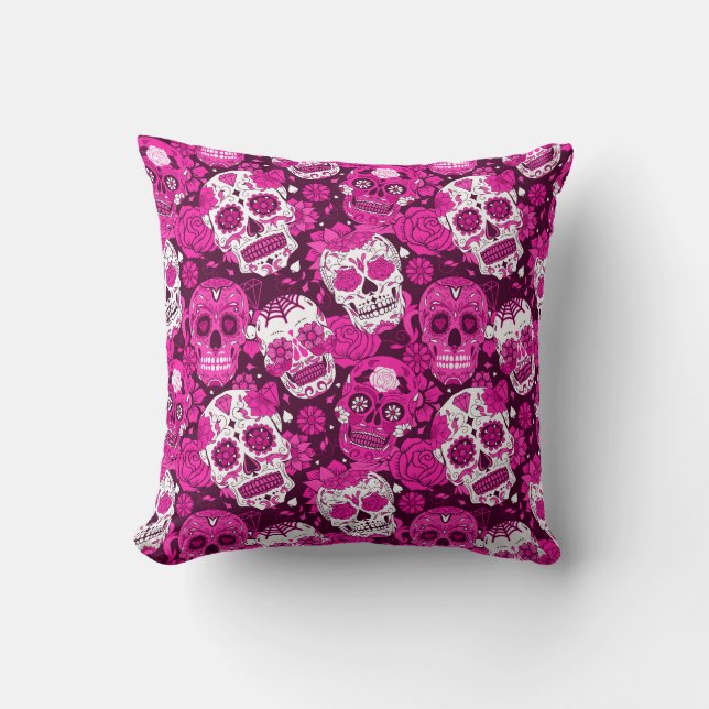Roze suiker schedel bloem ornamentaal patroon kussen (Voorkant)