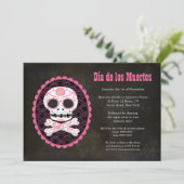 Roze Suiker Skull Day of the Dead Party Invite Kaart (Staand voorkant)