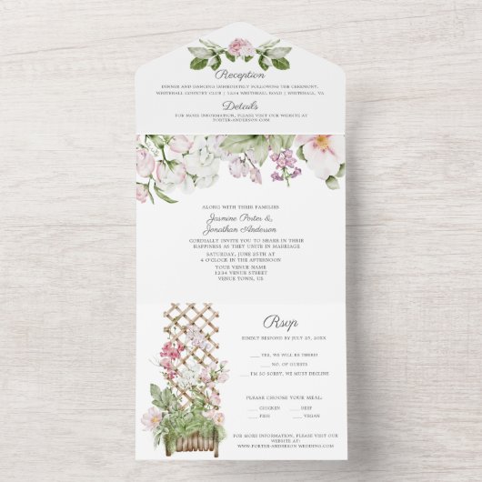 Roze suikererwten en Rozen bruiloft All In One Uitnodiging (Binnen)