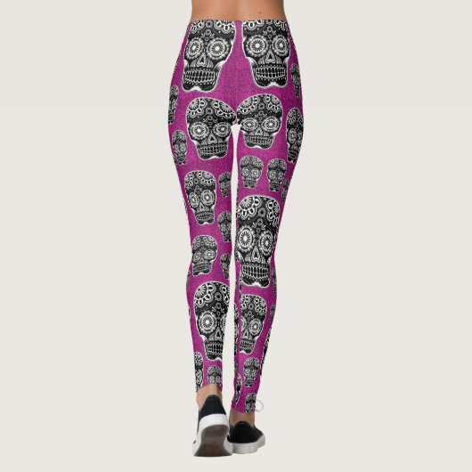Roze suikerriet schedel Longvorming Glittereffect Leggings (Achterkant)