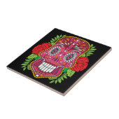 Roze suikerschedel met rode rozen groene bladeren tegeltje (Zijkant)