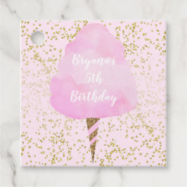 Roze suikerspin en gouden confetti verjaardagsfees bedankjes labels