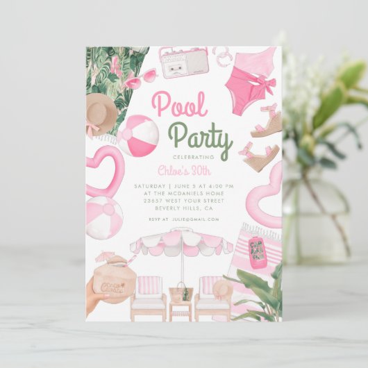 Roze Summertime Glam | Pool Party Kaart (Staand voorkant)
