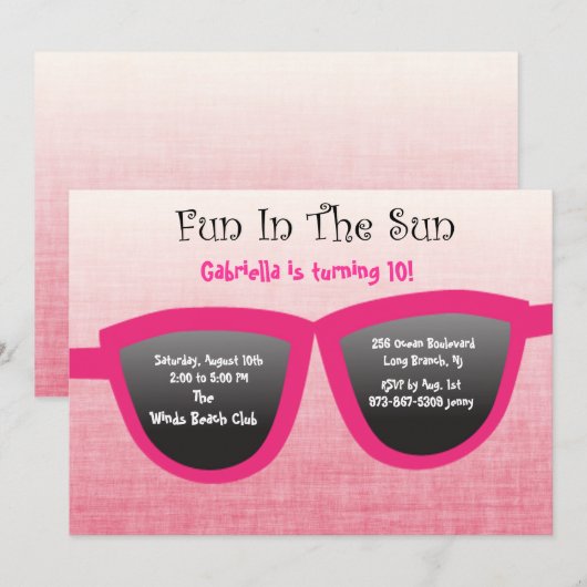Roze SunGlasses Birthday Party Invitation Kaart (Voorkant / Achterkant)