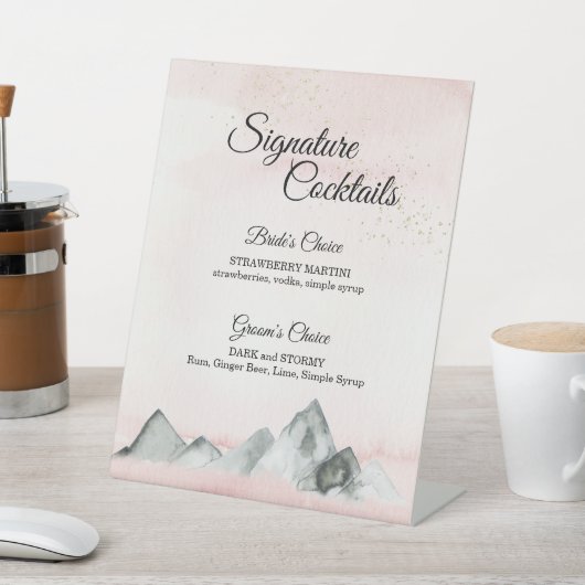 Roze Sunrise Mountain Cocktail Menu Pedestal Sign Reclamebord Met Voetstuk (Insitu)