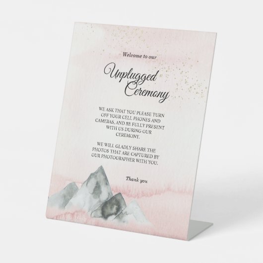 Roze Sunrise Mountain Wedding Unplugged Ceremonie Reclamebord Met Voetstuk (Voorkant)