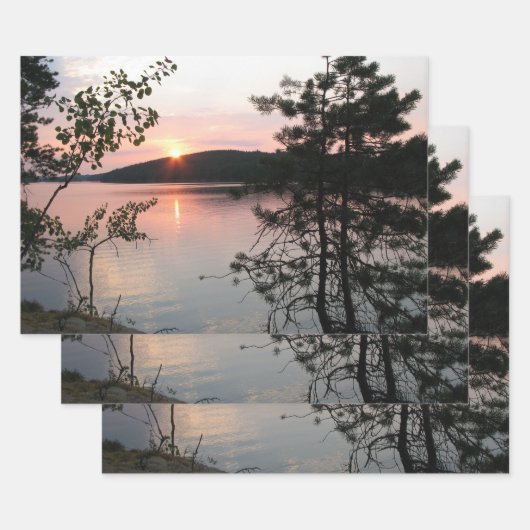 Roze Sunset Lake met bomen Inpakpapier Vel (Set)