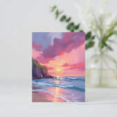 Roze Sunset Ocean Beach Golven Waterverf Briefkaart (Staand voorkant)