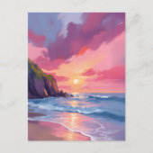 Roze Sunset Ocean Beach Golven Waterverf Briefkaart (Voorkant)