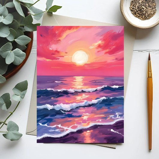 Roze Sunset Paarse Oceaan Golven Waterverf Briefkaart