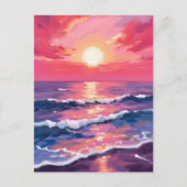 Roze Sunset Paarse Oceaan Golven Waterverf Briefkaart (Voorkant)