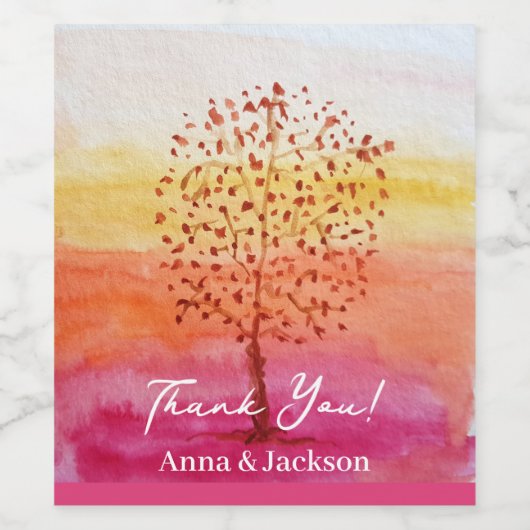 Roze Sunset Waterverf Hand geschilderd Dank u Wijn Etiket (Enkel label)