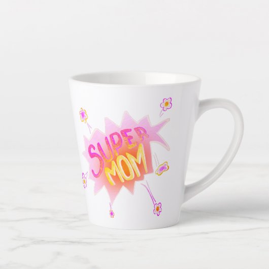 Roze Super Mam Flower Comic Bubble Moederdag Latte Mok (Rechts)