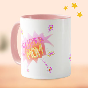 Roze Super Mam Flower Comic Bubble Moederdag Mok
