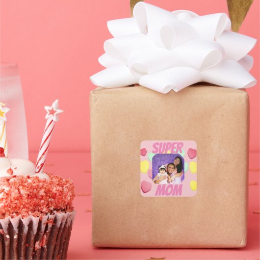 Roze Super Mam Foto Kleurrijke Harten | MOEDERDAG Vierkante Sticker (Feest)