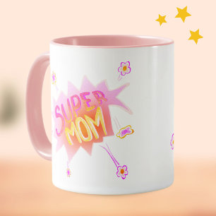 Roze Super Moeder Bloem Stripspraatwolk Moederdag Mok