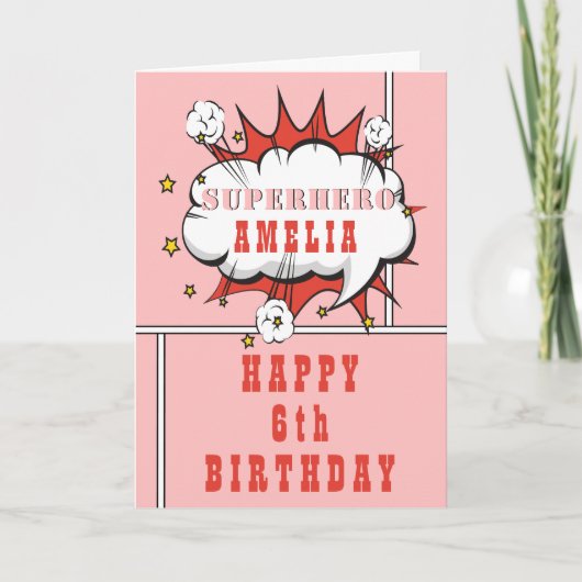 Roze superheld Comic Speech Bubble Girl Birthday Kaart (Voorkant)