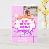 Roze Superheld Comic Speech Bubble Meisje Verjaard Kaart (Gele Bloem)