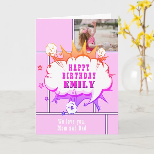 Roze Superheld Comic Speech Bubble Meisje Verjaard Kaart (Gele Bloem)