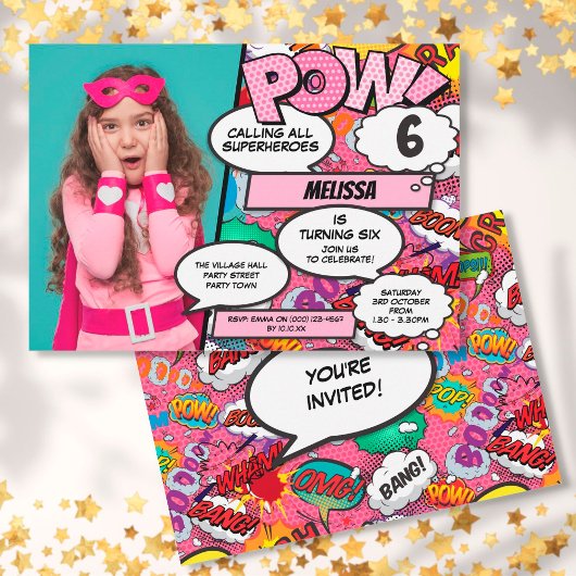 Roze Superheld Comic Verjaardagsfeest Foto Kaart