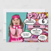 Roze Superheld Comic Verjaardagsfeest Foto Kaart (Voorkant)