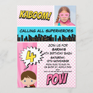 Roze superheld Foto 4th Birthday Party Invitation Kaart