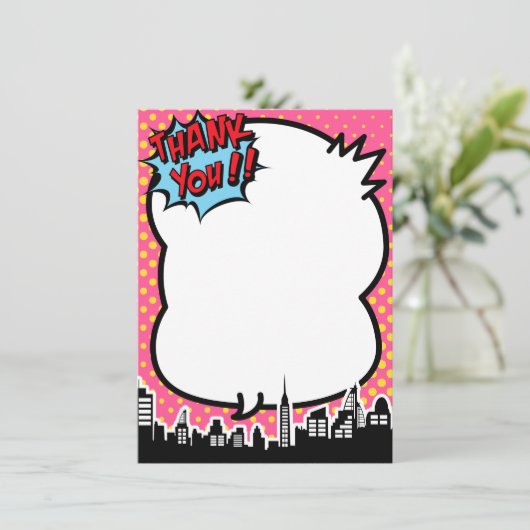 Roze superheld stripverhaal bedankkaart (Staand voorkant)