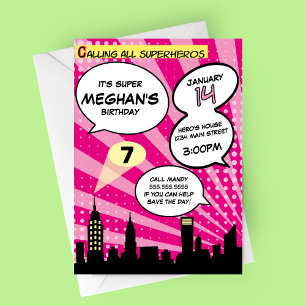 Roze Superhelden Comic Book Styled Birthday Party Kaart