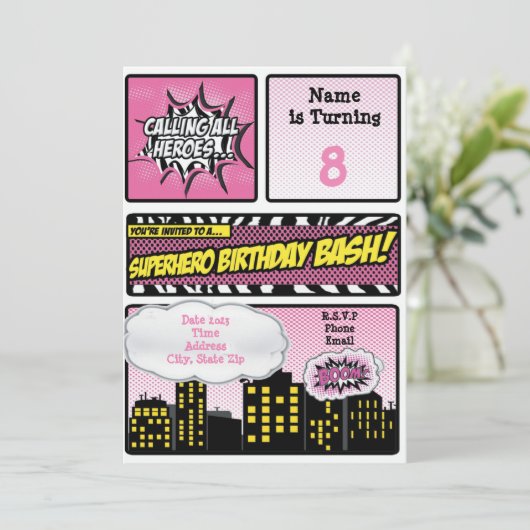 Roze superheldenuitnodiging kaart (Staand voorkant)