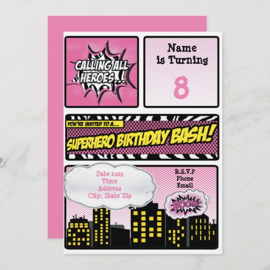 Roze superheldenuitnodiging kaart (Voorkant / Achterkant)