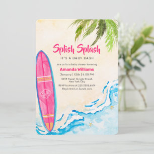 Roze Surf Palmboom Strand Baby Shower Kaart