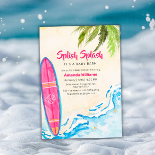 Roze Surf Palmboom Strand Baby Shower   Kaart
